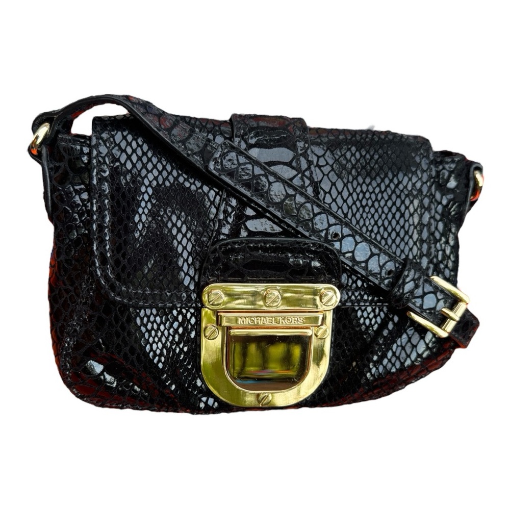 MICHAEL KORS Black Snake Embossed Leather Flap Crossbody .